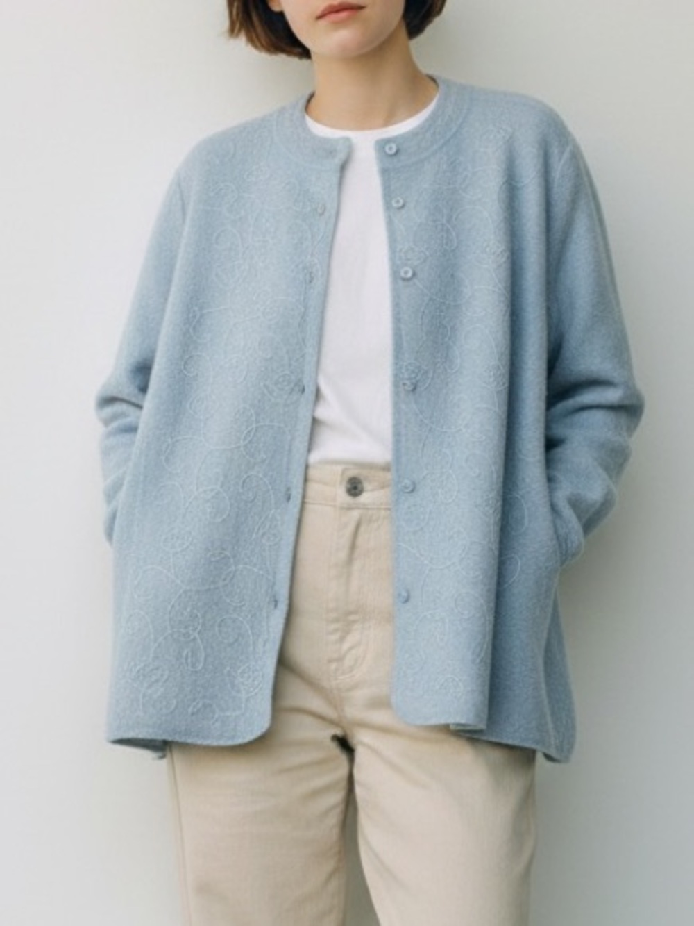 Napa Valley 100% Wool Light Blue Embroidered Crewneck Button-Front Sweater